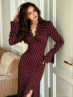 Women Polka‑Dot Lace Trim Long Sleeve Midi Dress