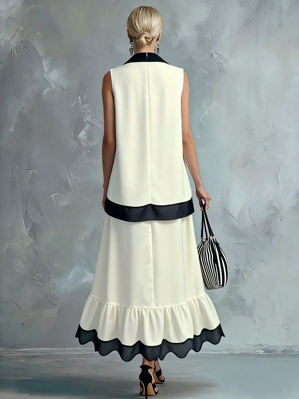 Elegant Black & White Tiered Two-Piece Maxi Set