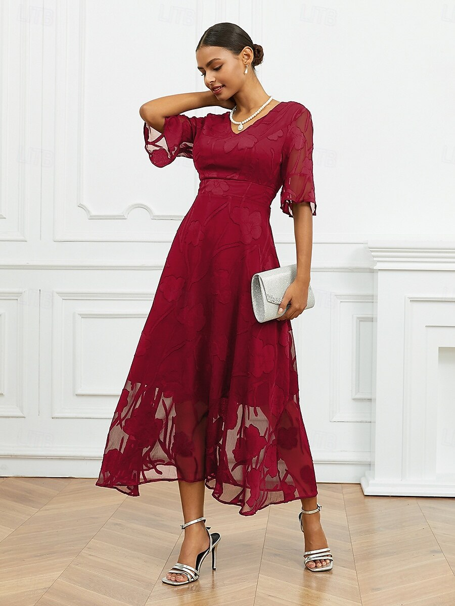 Sheer Sleeve V-Neck Floral Dress