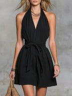 Halter Neck V-Neck Waist Tie Casual Holiday Women'S Dress