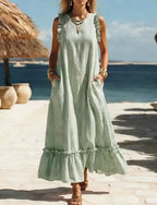 🌊 Coastal Striped Ruffle Maxi Dress