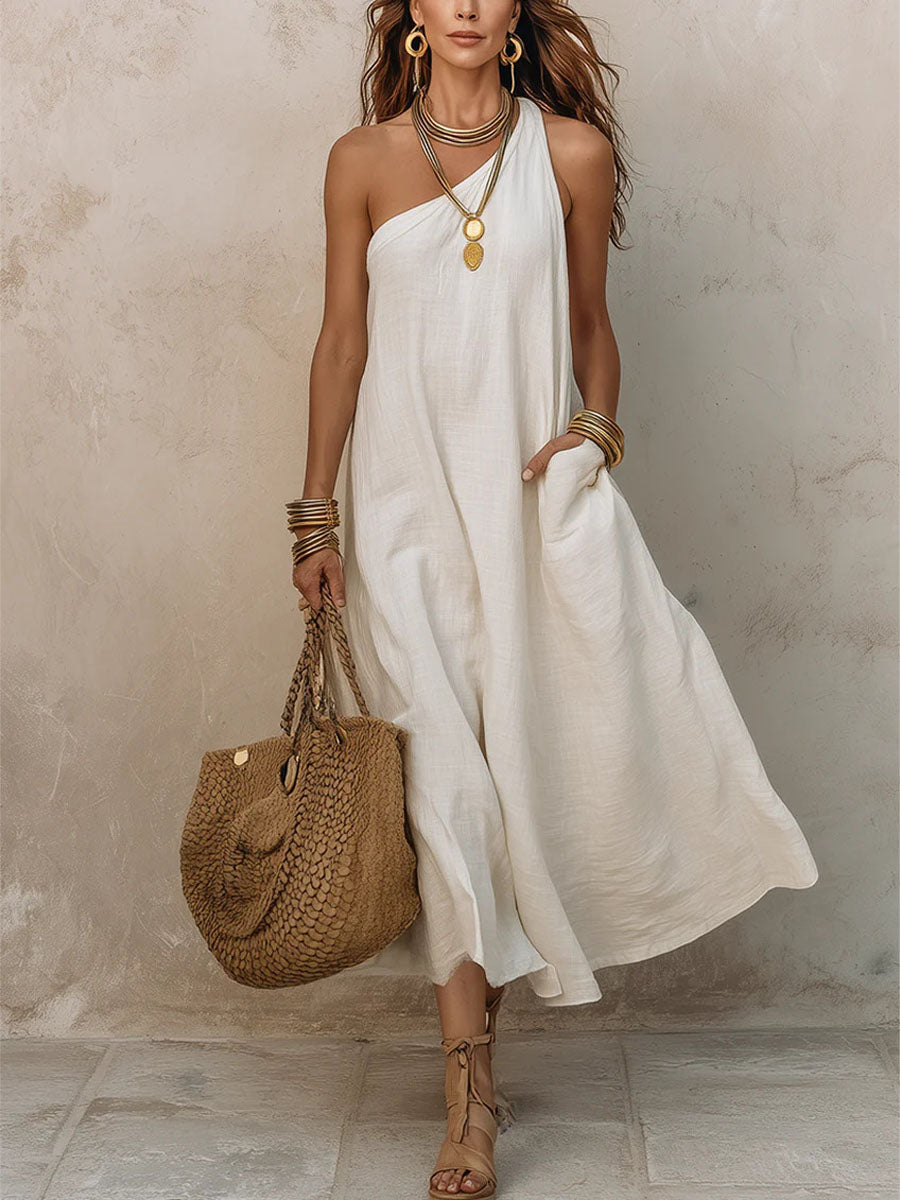 Women's Off-shoulder Sleeveless Cotton-linen Dress