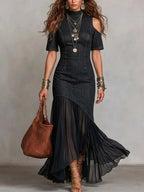 Off-Shoulder Mesh Hem Midi Dress – Slim Fit Short Sleeve Dress