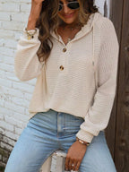 Waffle Knit Button Detail Hoodie