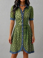 Stylish Casual Leopard-print Chiffon And Denim Patchwork Dress