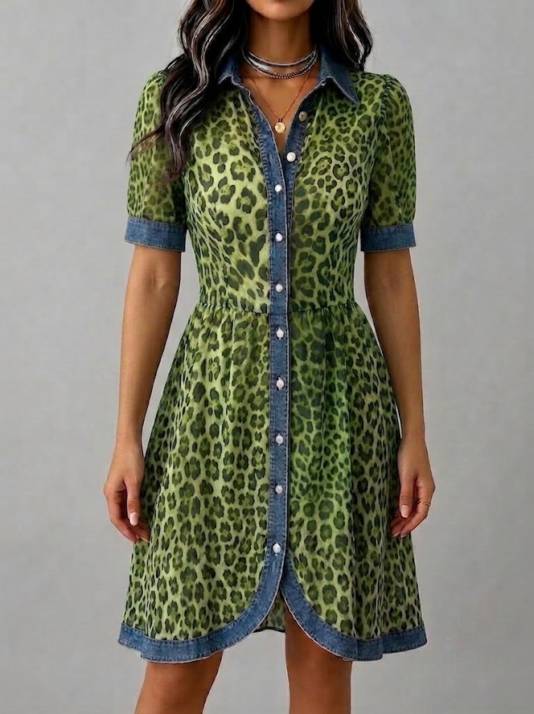 Stylish Casual Leopard-print Chiffon And Denim Patchwork Dress