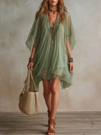 Fashion V-Neck Chiffon 2-Piece Dress Seaside Vacation Loose Blouse Beach Skirt