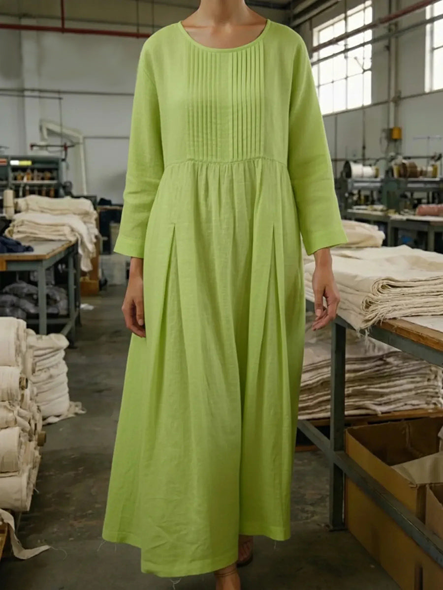Vintage Style Pleated Cotton Linen Midi Dress