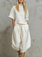 Linen Zip-Neck Top & Harem Culottes Set