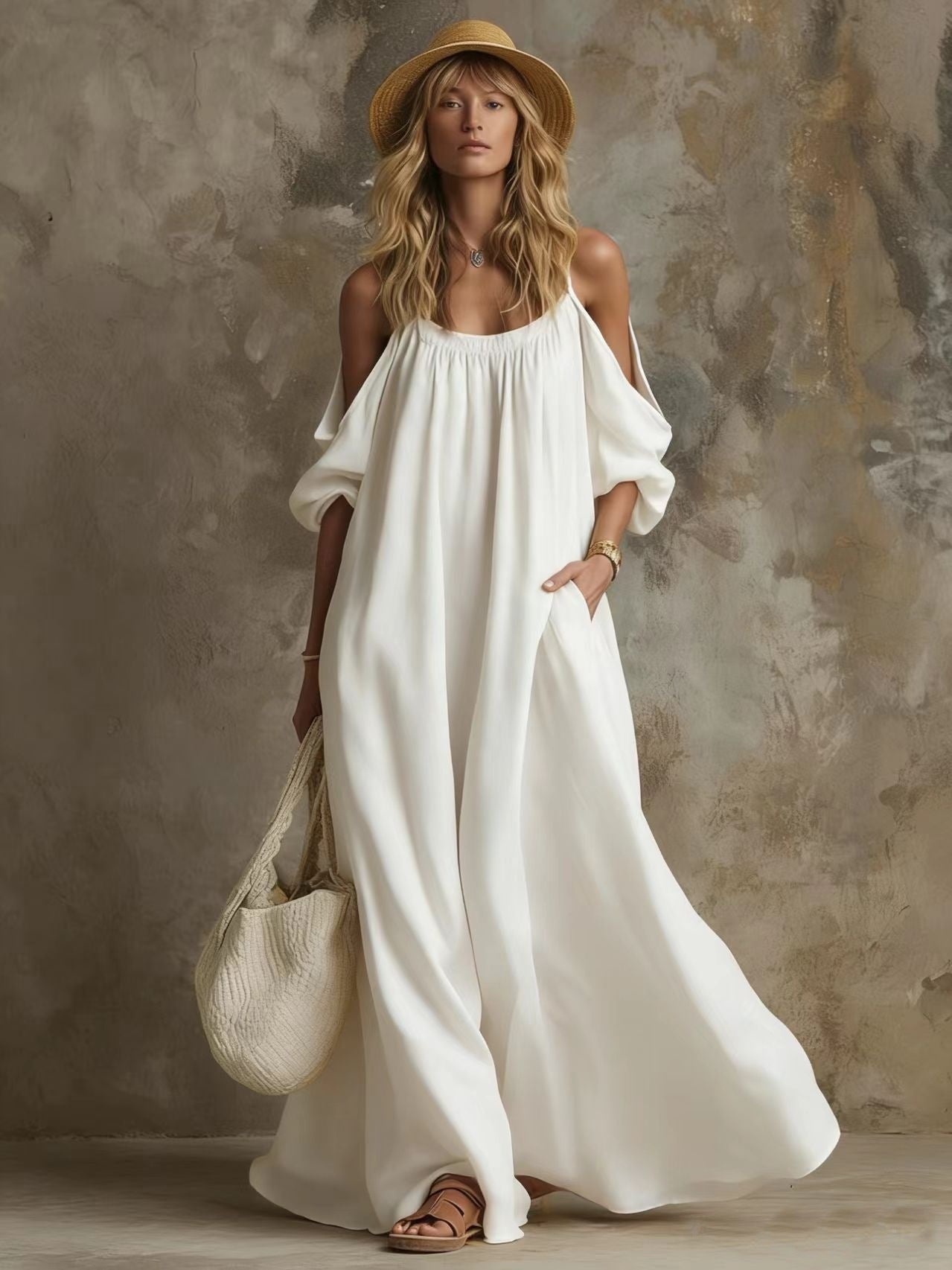 Cold Shoulder Puff Sleeve Pocketed Flowy White Maxi Caftan Dress