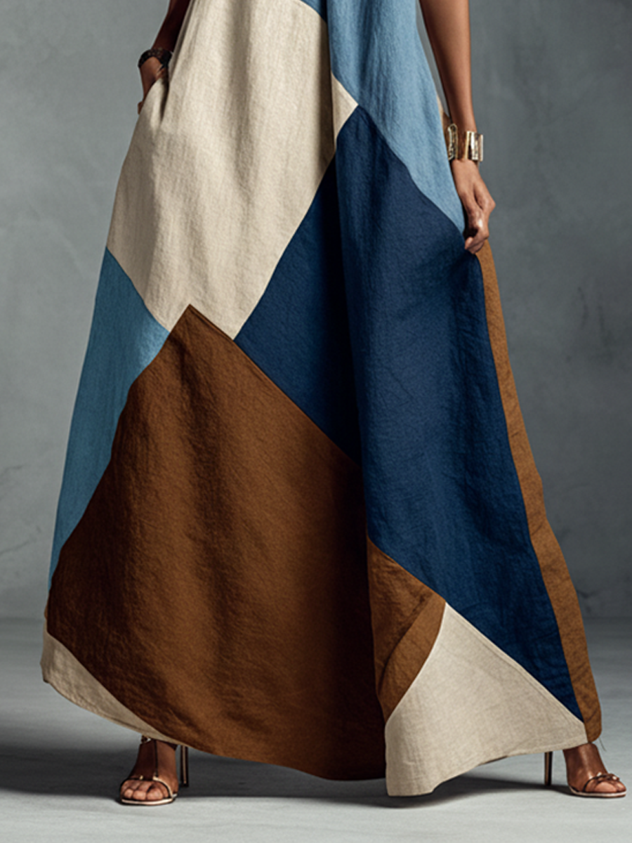 Women's Bohemian Multi-color Cotton Linen Blend Patchwork Halter Maxi Dress