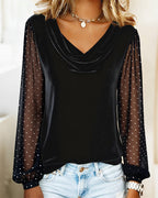 Draped Collar Patchwork Long-Sleeved Top