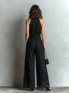 Black Faux Cotton-linen Halter Neck Vest With Tie-up Lace-trimmed Wide-leg Pants Set