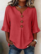 Linen Blend Notch V-Neck Ruffle Sleeve Blouse