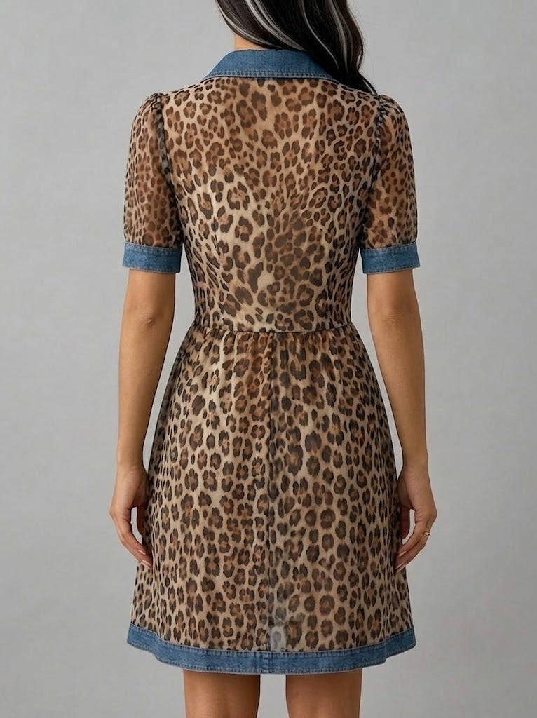 Stylish Casual Leopard-print Chiffon And Denim Patchwork Dress