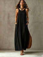 Textured Sleeveless Round Neck Pocketed Maxi Tent Dress