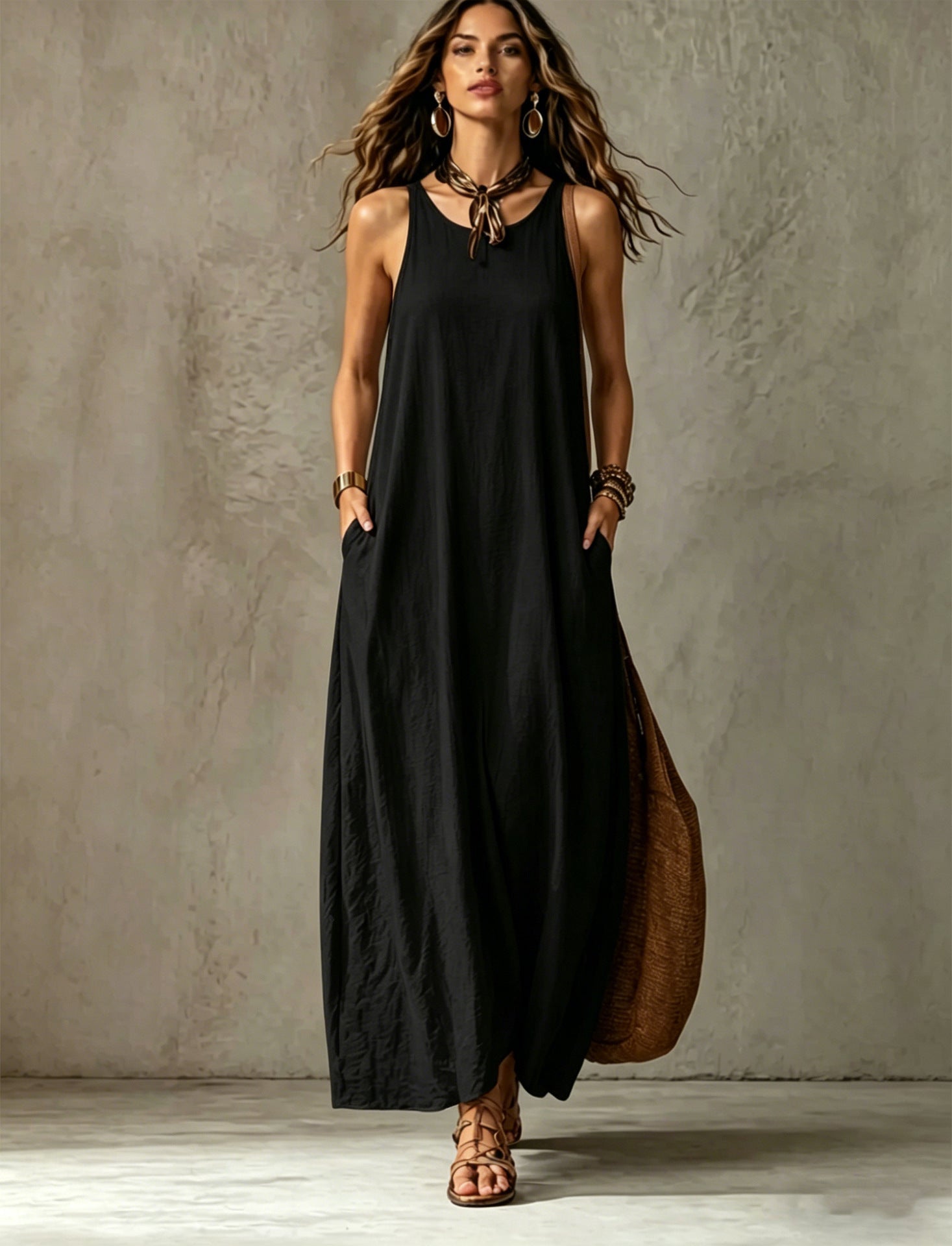 Textured Sleeveless Round Neck Pocketed Maxi Tent Dress