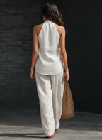 Casual Urban Style White Linen V-neck Sleeveless Top And Wide Leg Pants Set