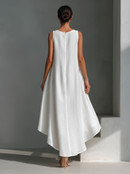 Women's White Linen Fabric Sleeveless Midi Dress With Round Neck