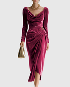 Velvet Draped Pleated Midi Dress
