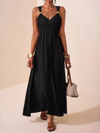 A-Line Loose Pleated Solid Color Spaghetti-Neck Maxi Dresses