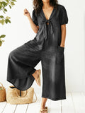 Light Wash Tie-Front Denim Wide-Leg Jumpsuit