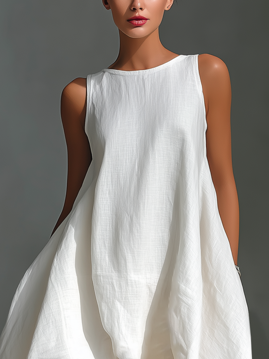 Women's White Linen Fabric Sleeveless Midi Dress With Round Neck