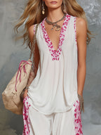 Chiffon V-neck Sleeveless Leopard Print Top And Pants Set
