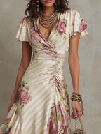 Elegant Vintage Floral Chiffon Midi Dress