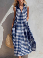 Women's Summer Resort Seaside Plaid Sleeveless Loose Long Dress