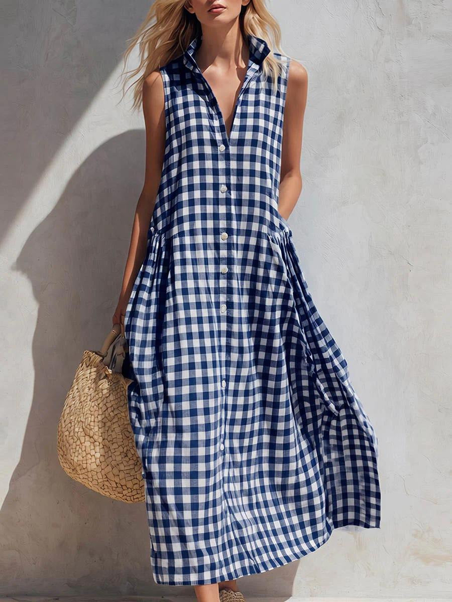 Women's Summer Resort Seaside Plaid Sleeveless Loose Long Dress
