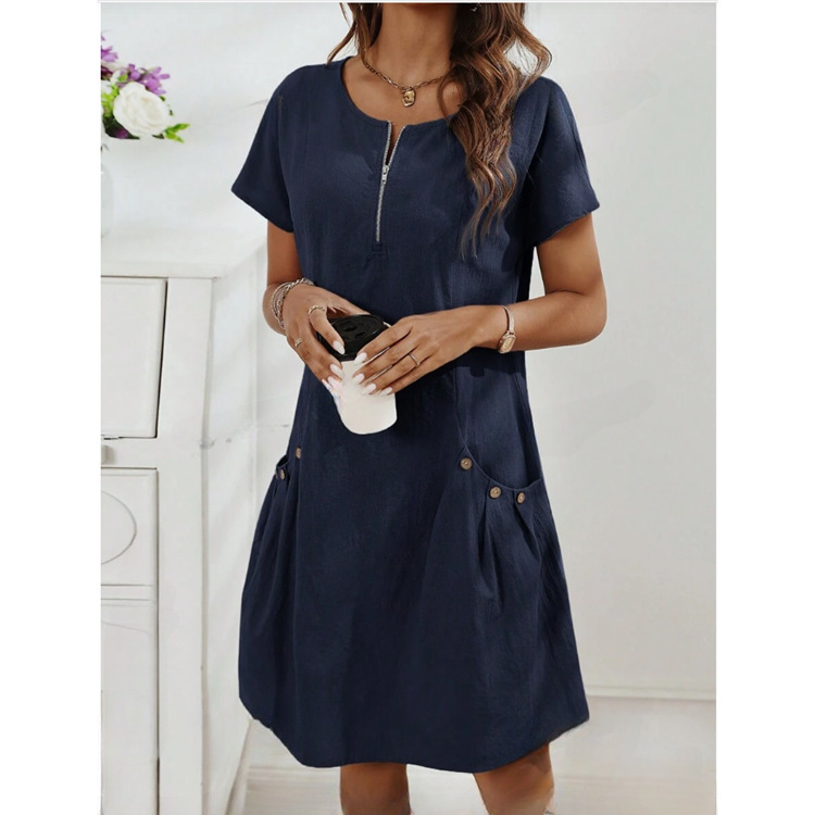 Zipper Pocket Cotton Linen Dress