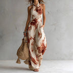 Women's Beige Abstract Print Halter Wide-Leg Jumpsuit