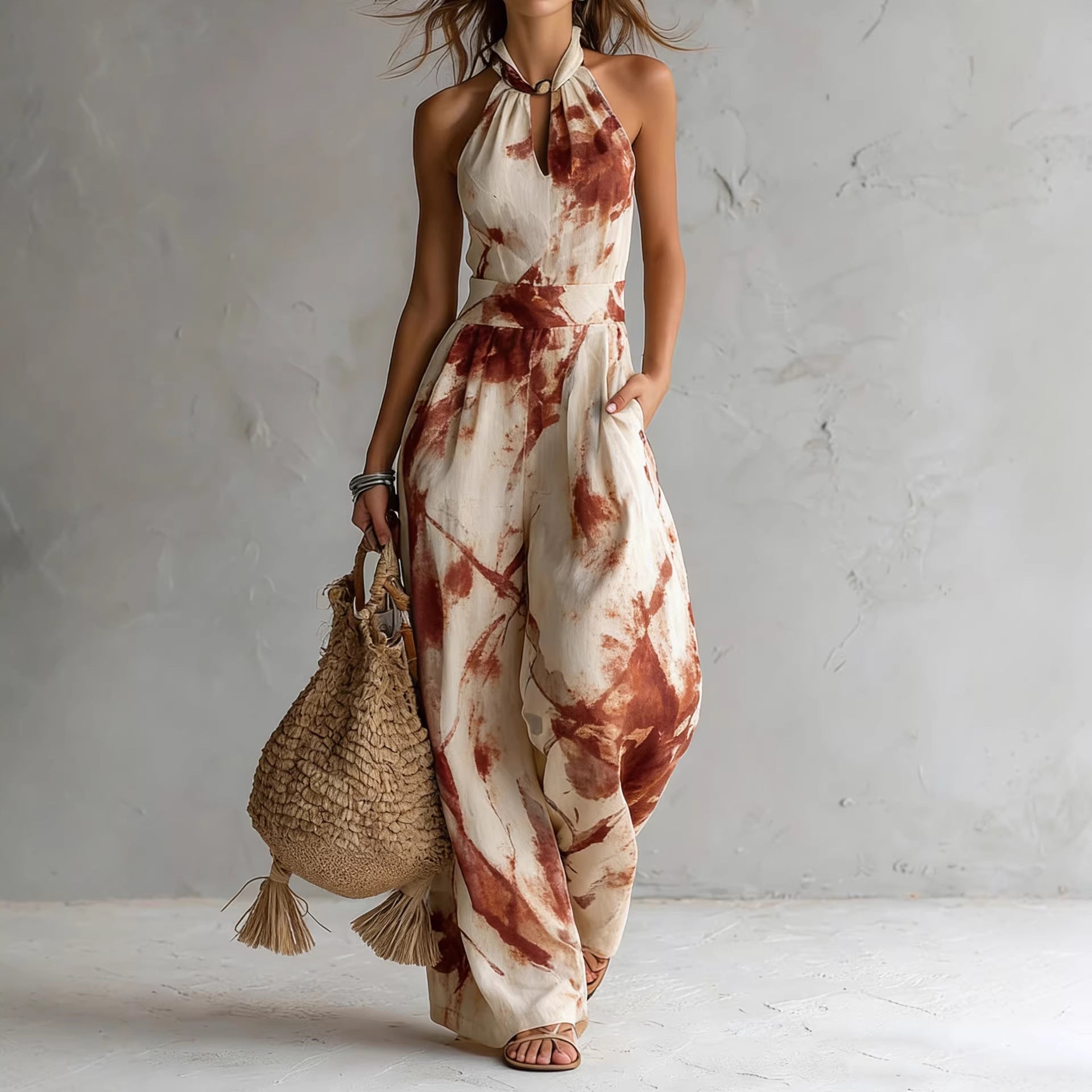 Women's Beige Abstract Print Halter Wide-Leg Jumpsuit