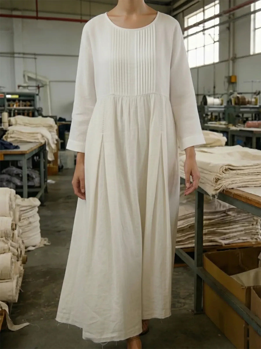 Vintage Style Pleated Cotton Linen Midi Dress