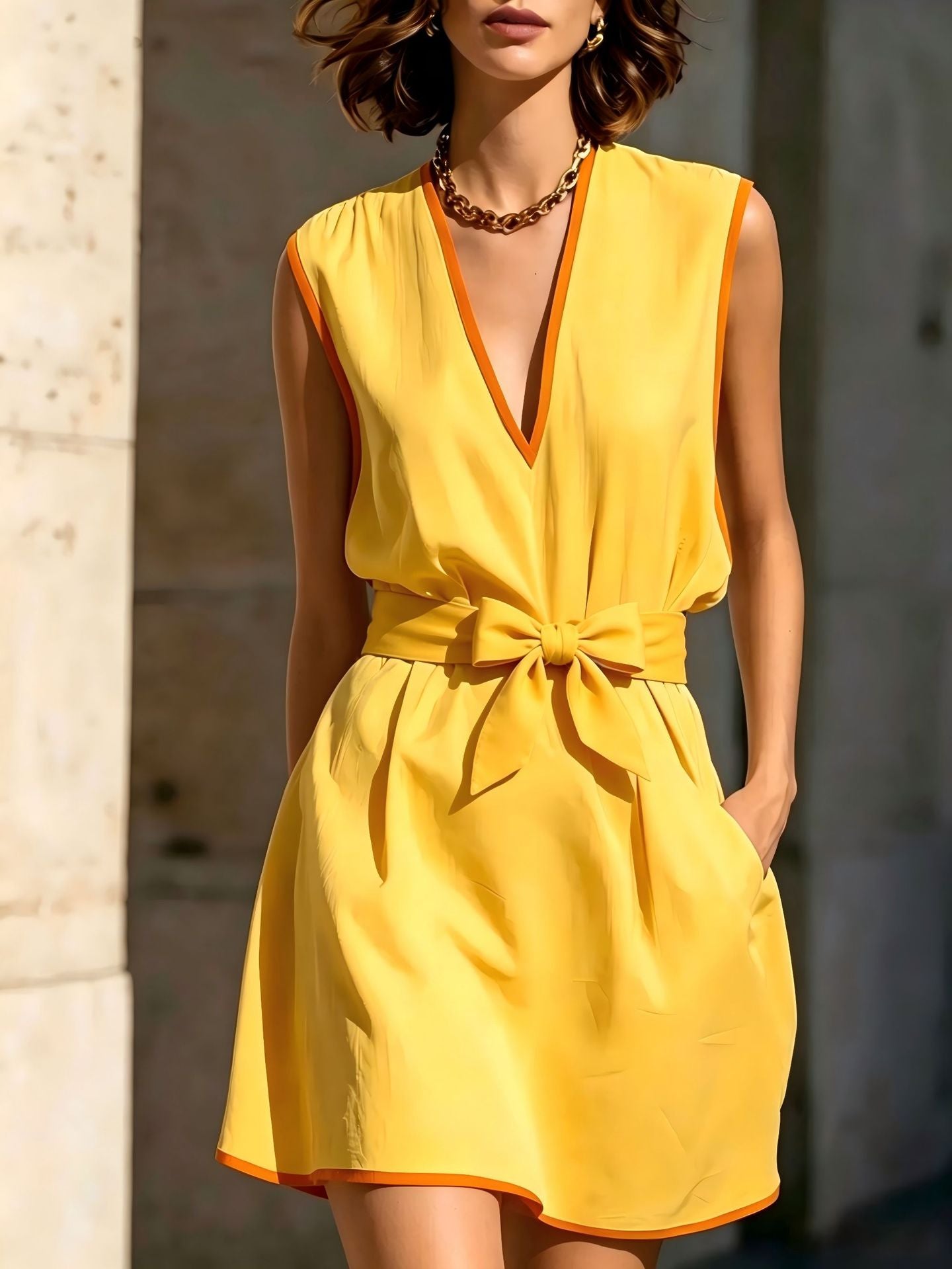 Contrast Piping V-Neck Self Tie Belt Sleeveless Mini Dress
