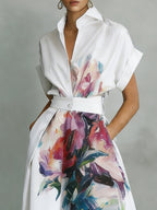 Urban Floral Printing Shirt Collar Midi Dress