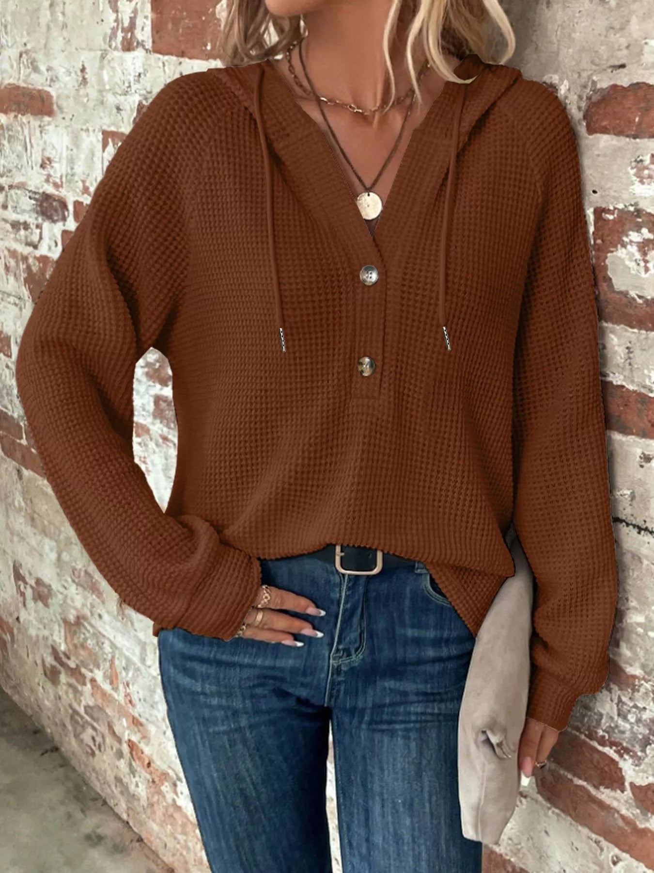 Waffle Knit Button Detail Hoodie