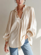 Ruffle V-Neck Crinkled Texture Balloon Sleeve Blouse