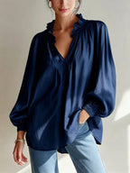 Ruffle V-Neck Crinkled Texture Balloon Sleeve Blouse