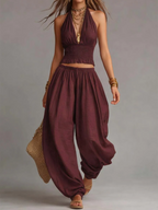 Sexy Boho Halter Top & Wide-leg Pants Two-piece Set
