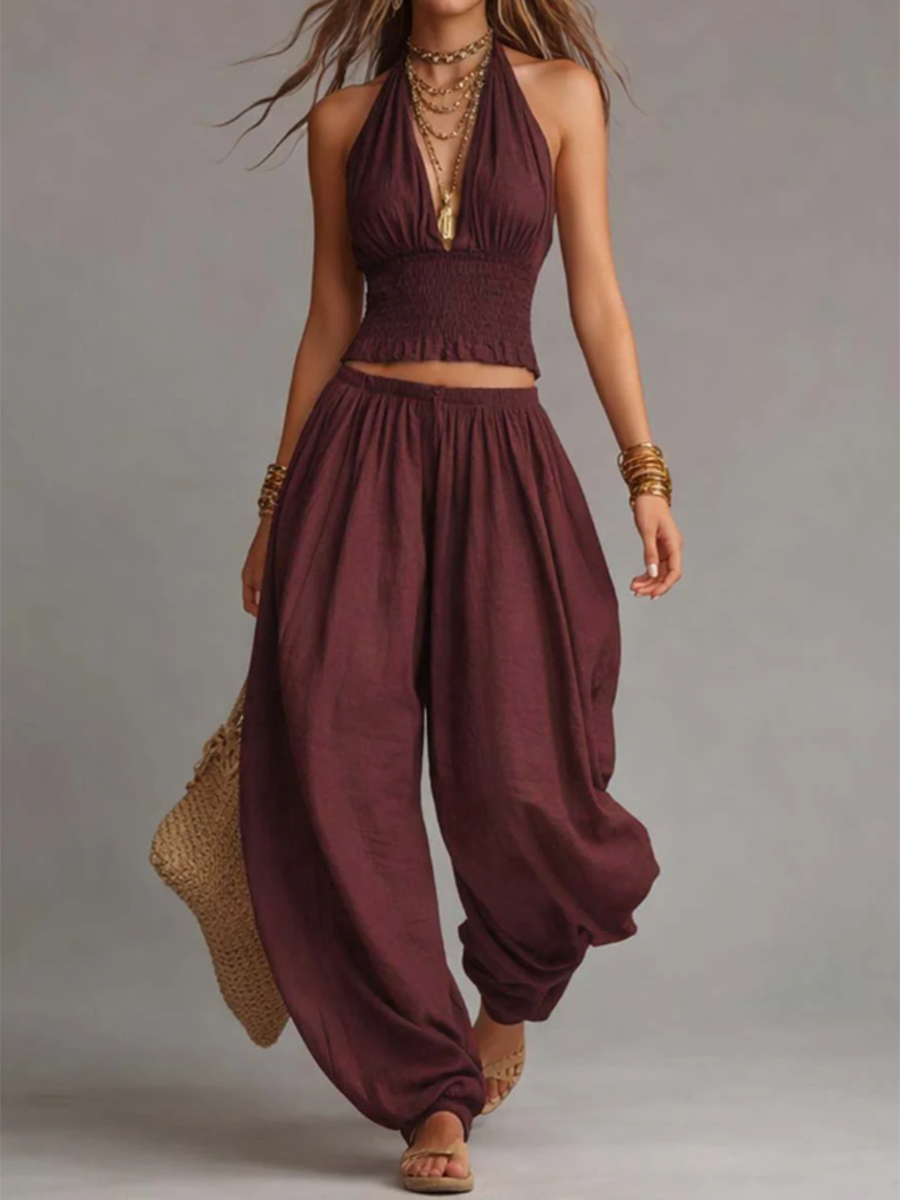 Sexy Boho Halter Top & Wide-leg Pants Two-piece Set