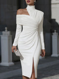 Irregularity Long Sleeves Asymmetric Pleated Solid Color Split-Front Split-Joint Split-Side High Neck Midi Dresses