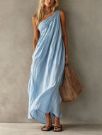 Dusty Pink One Shoulder Ruched Linen Maxi Dress
