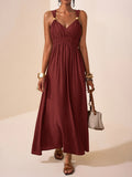 A-Line Loose Pleated Solid Color Spaghetti-Neck Maxi Dresses