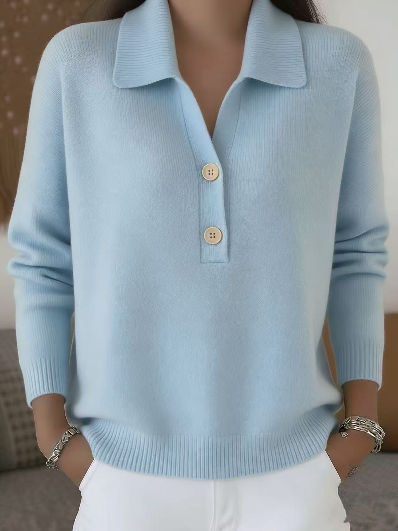Knitted Lapel Half Placket Button Loose Casual Sweater