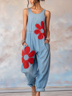Women's Floral Pattern Sleeveless Denim Jumpsuit