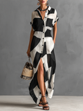 Women's Cotton And Linen Blend Irregular Geometric Print Lapel Single-Breasted Short-Sleeved Maxi Shirt Dress