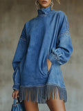 Women Casual Denim Blue Mini Dress Turtleneck H-Line Fall Daily