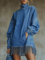 Women Casual Denim Blue Mini Dress Turtleneck H-Line Fall Daily